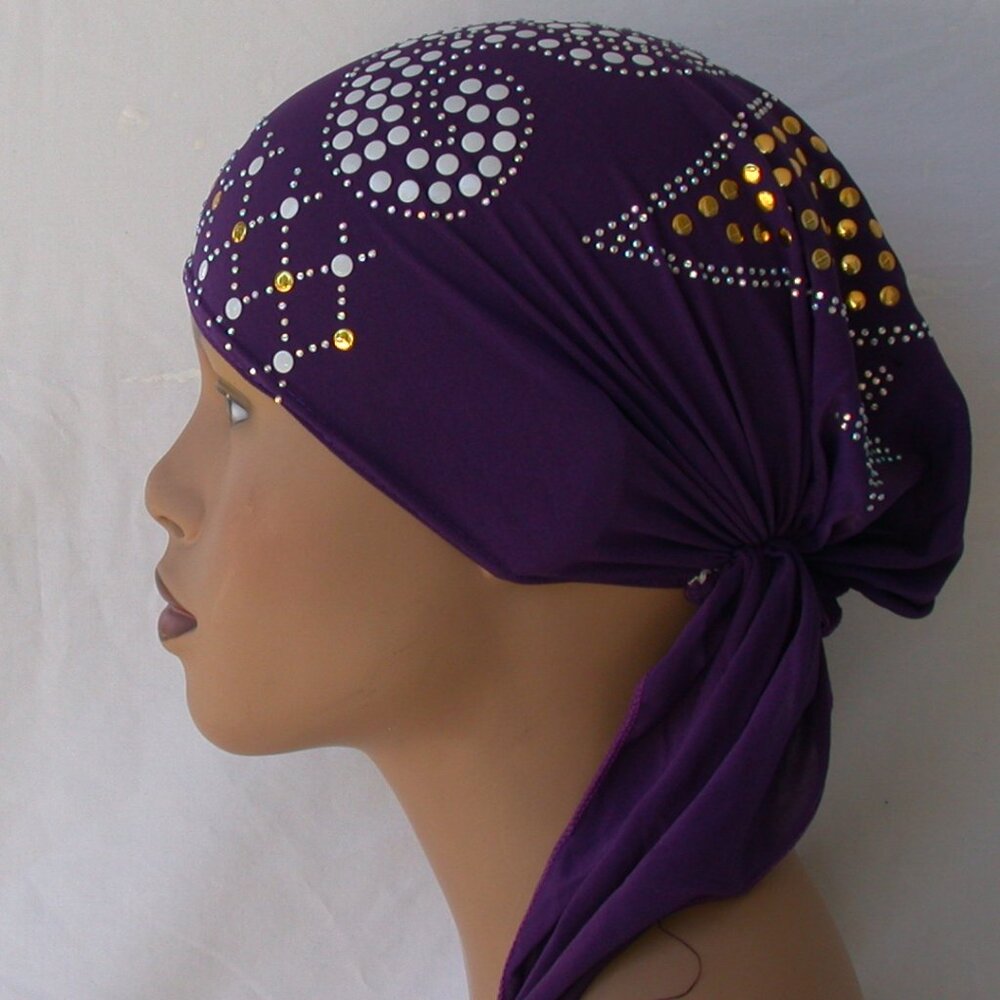 PURPLE Pre-Tied Stud Chemo Cap Slip On Bonnet Hijab Undercap #7